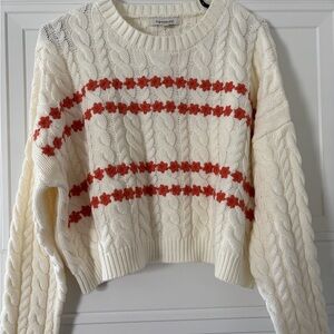 Francesca's Collections Cream Cable Knit Sweater with Red Accents